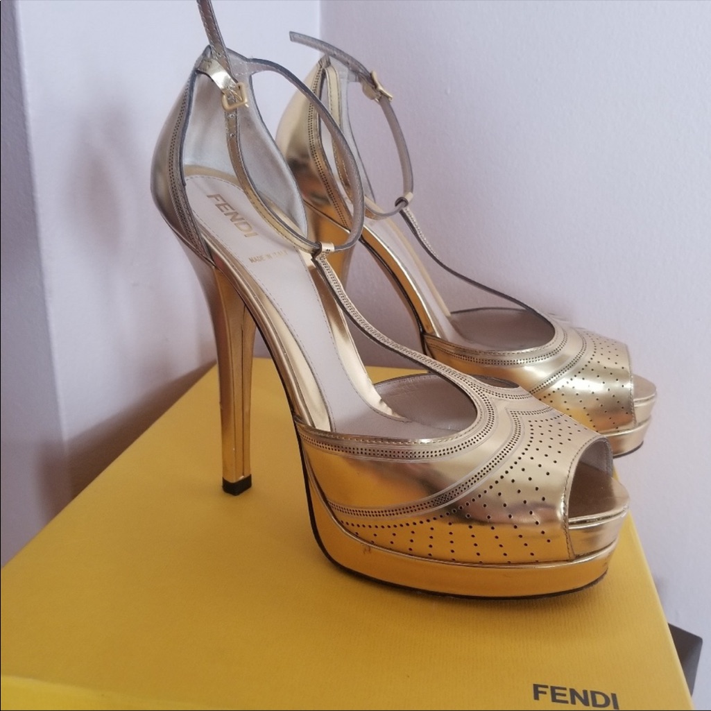 Fendi Gold Lame Perforated Heels Size 38.5